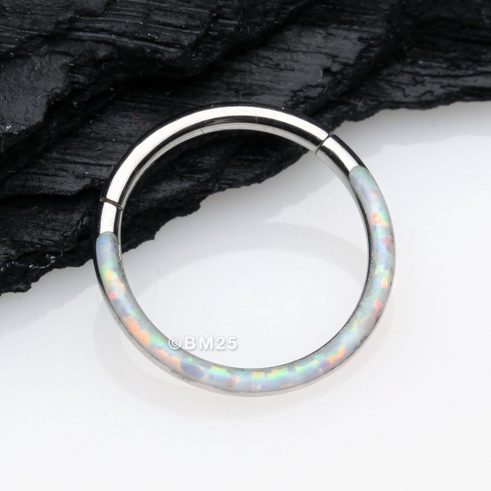 COPY - Brilliant Fire Opal Lined Front Facing Seamless Clicker Hoop Ring - White